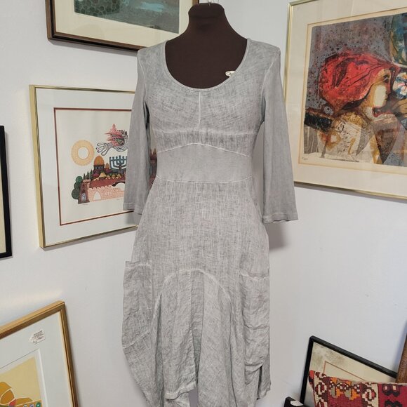 Italian Linen Look Grey Dress -Scoop neckline Size Large - Picture 3 of 8